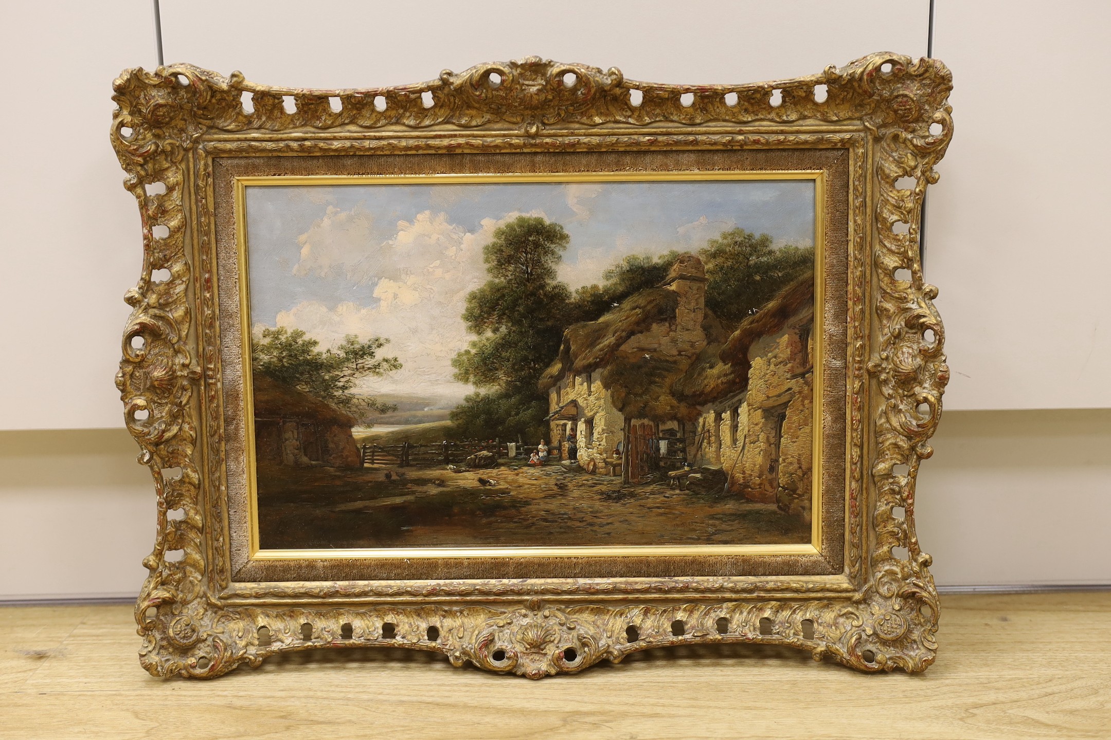 William Pitt (fl.1853-1890), oil on canvas, 'A Cottage Farm, Netherton, Devon', signed and dated 1863 and inscribed by the artist verso, 24 x 37cm
